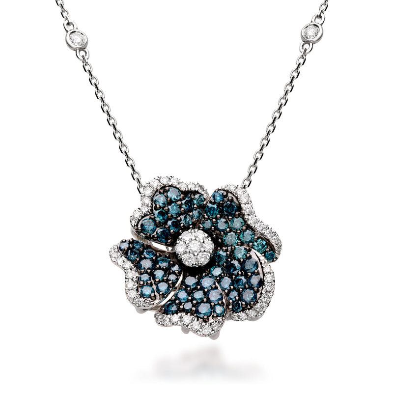 1.45 ct. t.w. Blue and White Diamond Flower Pendant Necklace in 14kt White Gold. 16"