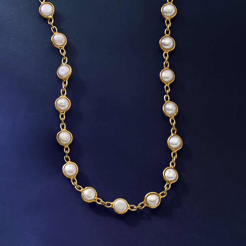 Cultured pearl station necklace with round pearl stations on 18kt gold over sterling chain