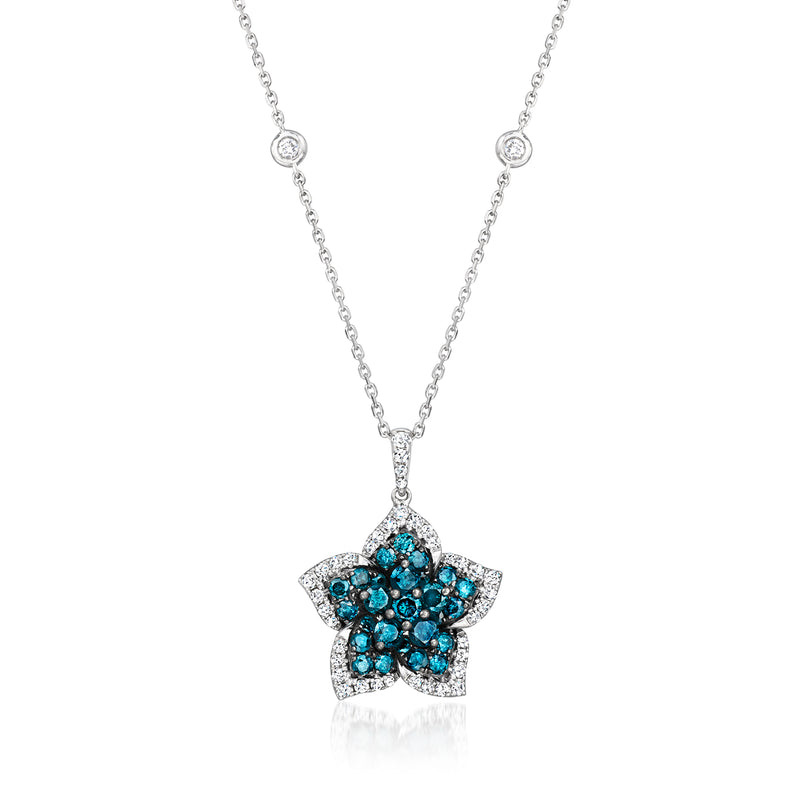 Blue diamond flower pendant necklace in 14kt white gold with teal stone petals