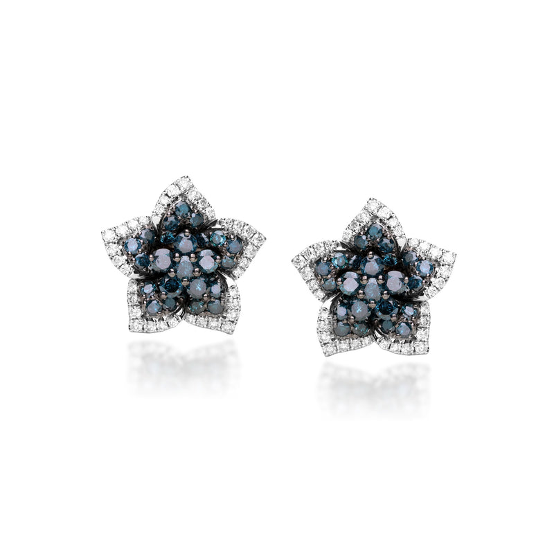 2.00 ct. t.w. Blue and White Diamond Flower Earrings in 14kt White Gold