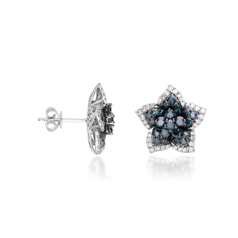 2.00 ct. t.w. Blue and White Diamond Flower Earrings in 14kt White Gold