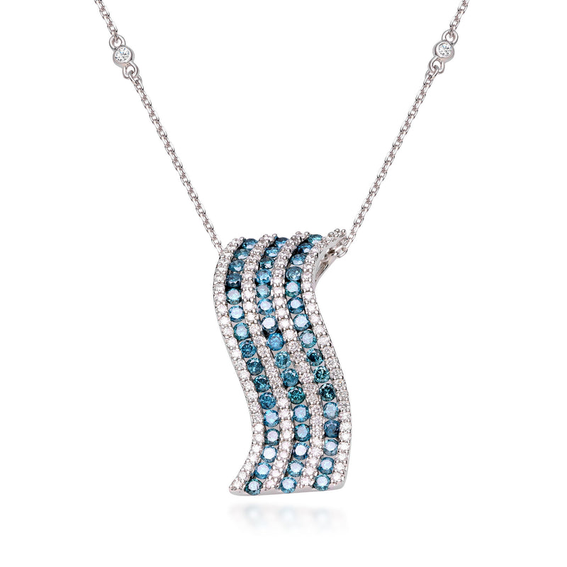 1.35 ct. t.w. Blue and White Diamond Striped Wave Pendant Necklace in 14kt White Gold. 16"