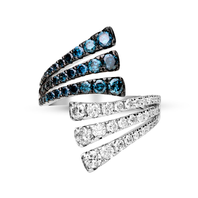 14kt white gold fan bypass diamond ring with blue and white stones
