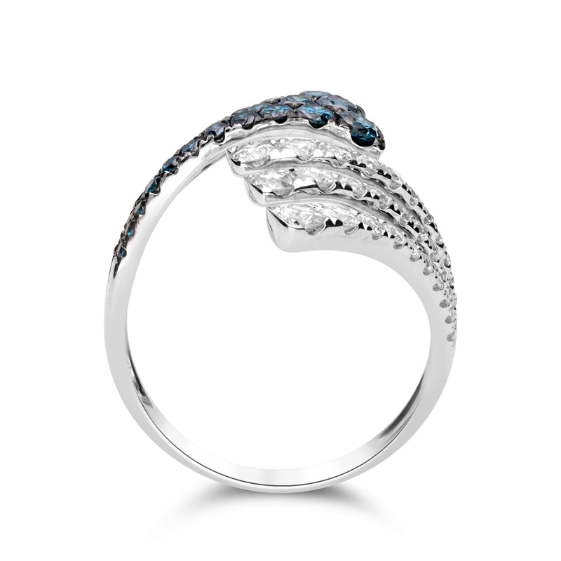 14kt white gold bypass diamond ring with blue accent stones on top band