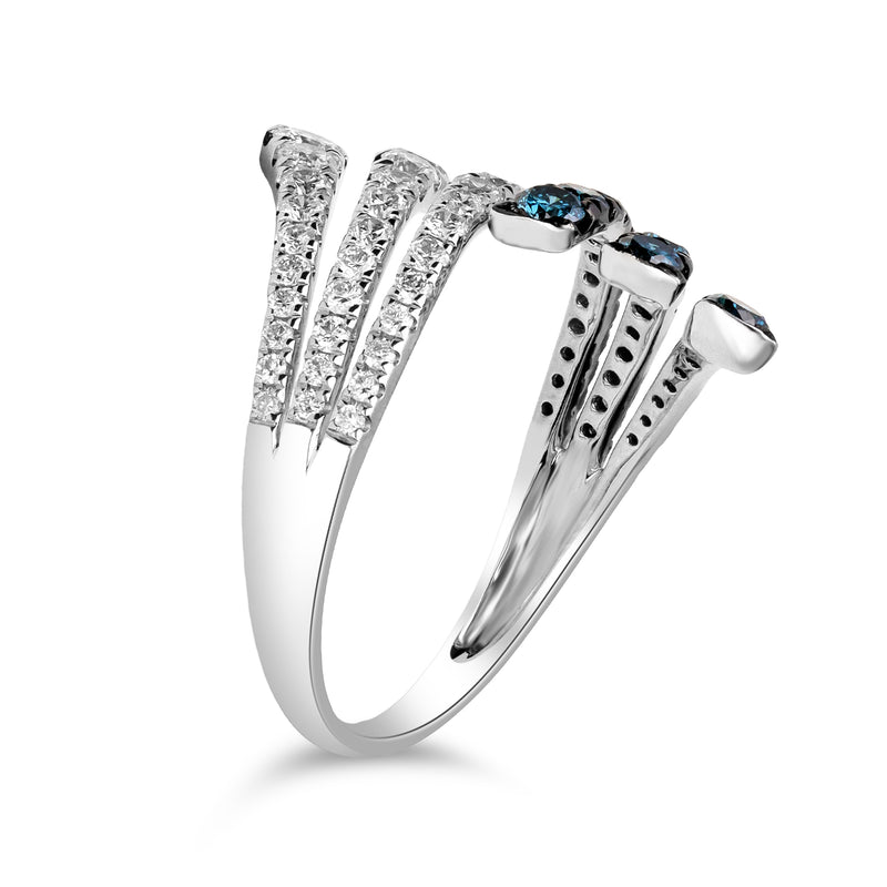 14kt white gold diamond bypass ring, blue stones and split prong detailing