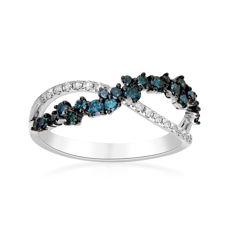 Crisscross diamond ring in 14kt white gold with blue and white stones on curved band