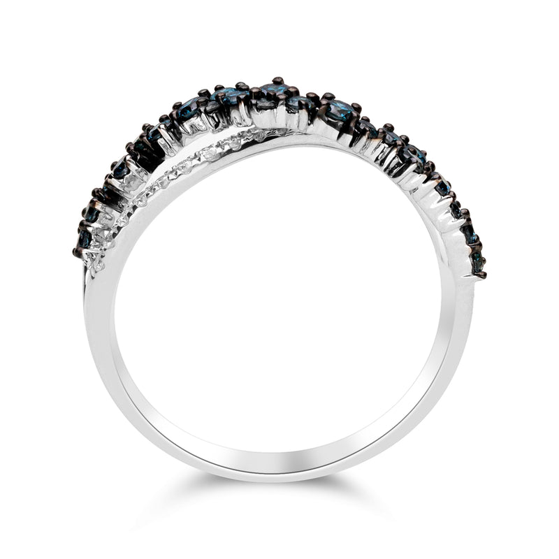 14kt white gold crisscross ring with blue stones and white diamond accents around band