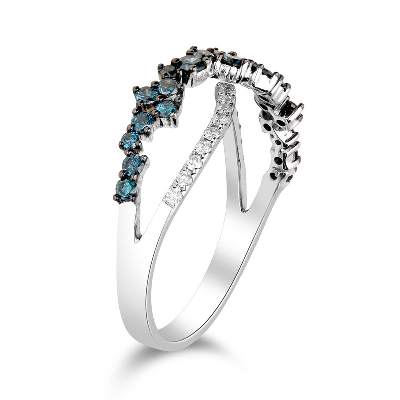 Crisscross diamond ring in 14kt white gold with blue stones and white diamond details