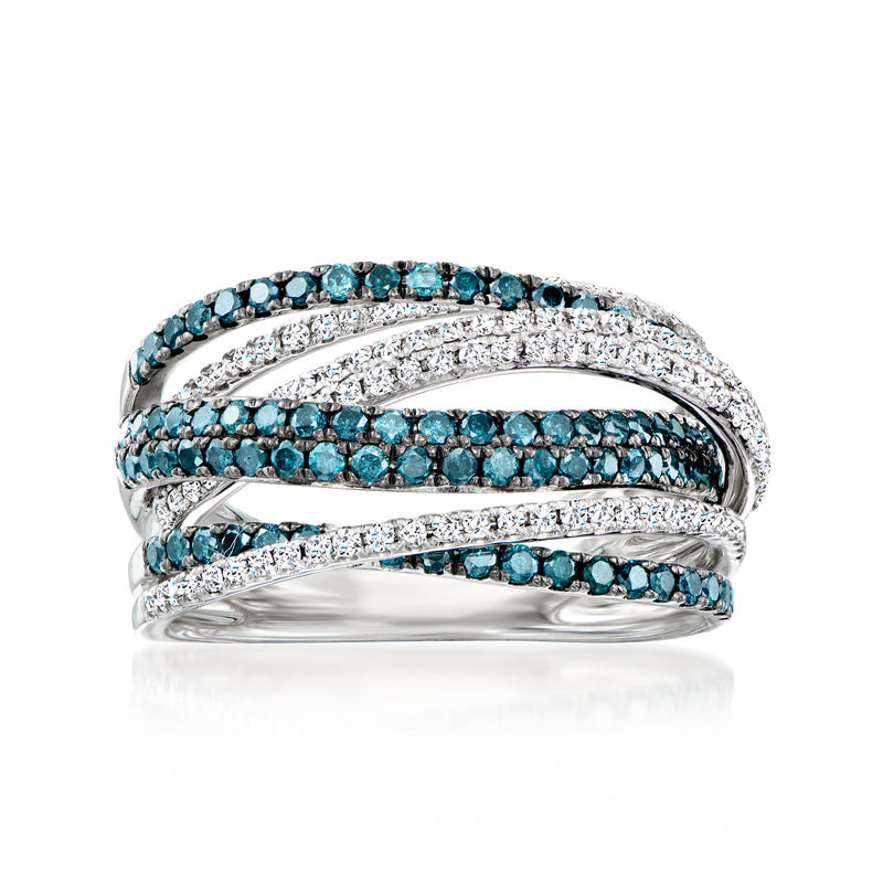 White gold highway ring with three rows of blue stones and white accents