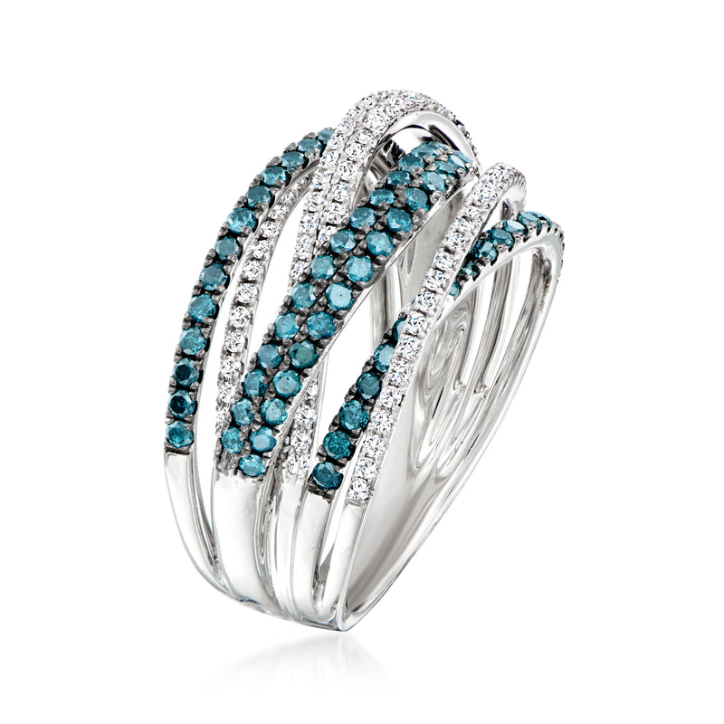 Side view of white gold highway ring with blue gemstone and diamond pave borders