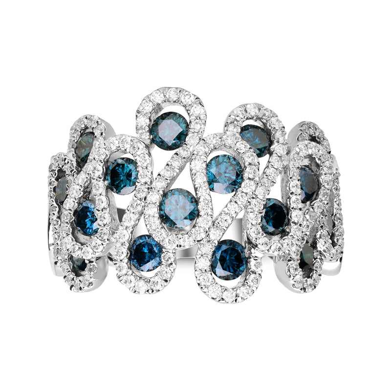 Wavy white gold ring with oval blue gemstones and clear diamond accents, prong-set