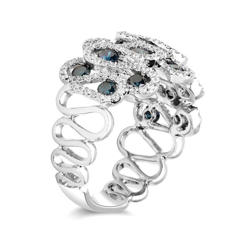 Wavy white gold ring with blue and white diamonds