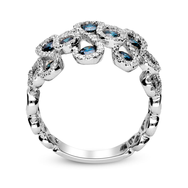 Wavy white gold ring with blue oval stones in diamond halo settings, circular profile