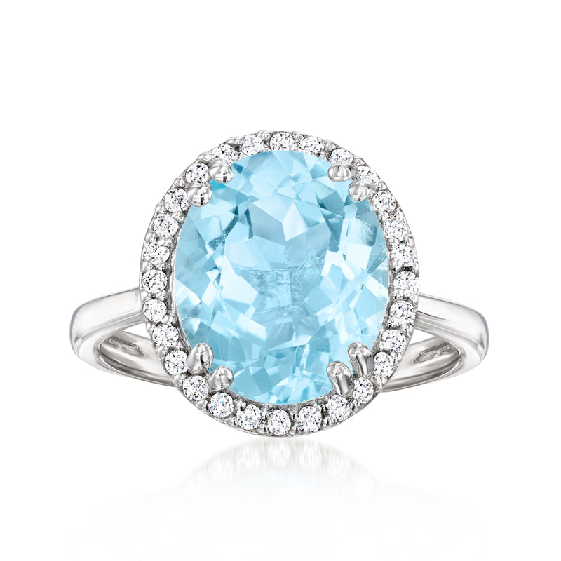 Sterling silver ring with oval sky blue topaz center and diamond halo