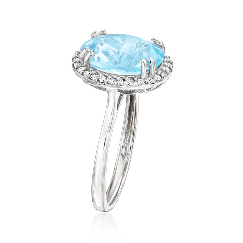 Sterling silver ring with oval sky blue topaz and diamond halo, side view
