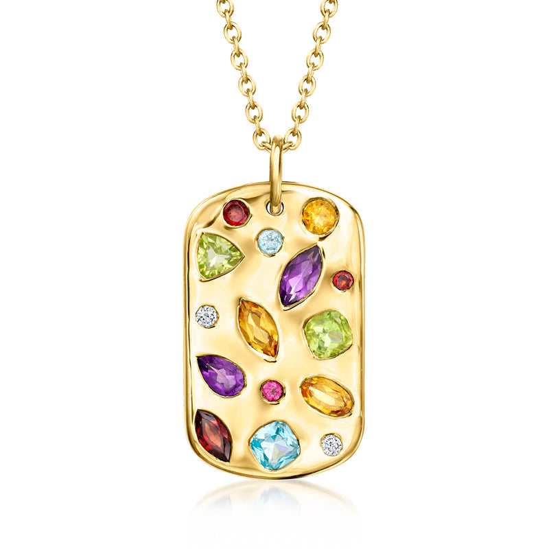 Gold tag pendant necklace with multicolor gemstones and small lab-grown diamond accents