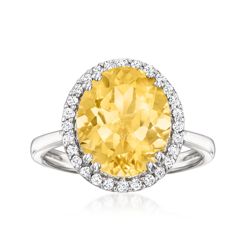 Sterling silver oval citrine gemstone ring with halo of lab-grown diamonds