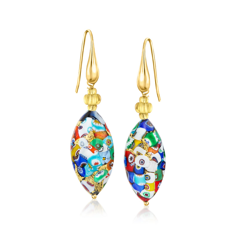 Gold drop earrings with multicolored oval Murano murrine glass beads, earwire