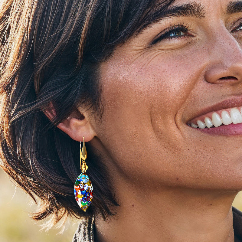 Gold drop earrings with multicolored oval Murano murrine glass bead dangles