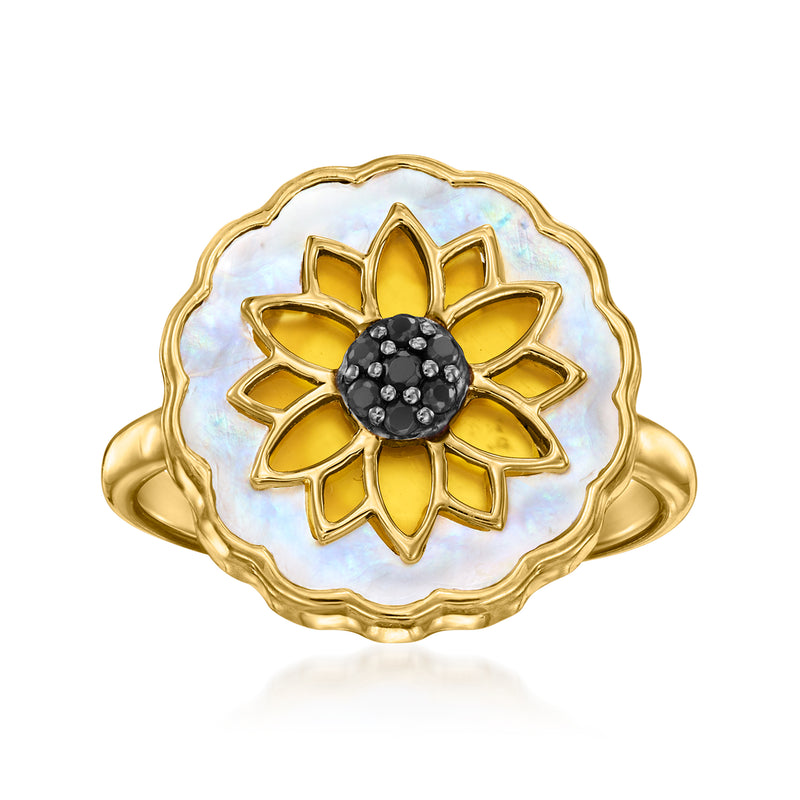 Gold-tone flower ring with mother-of-pearl center and black gemstone cluster