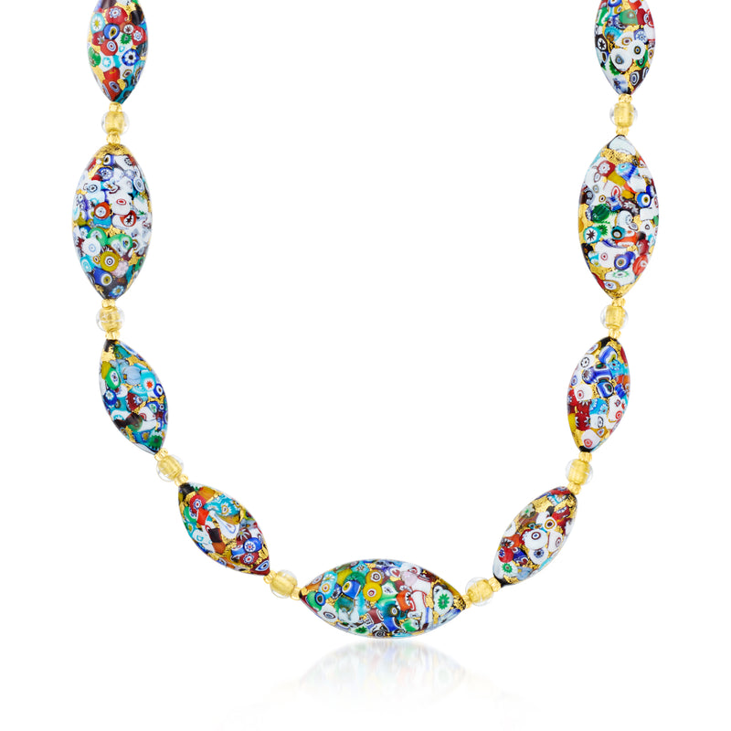 Multicolored Murano glass bead necklace with gold over oval murrine beads, oval links.