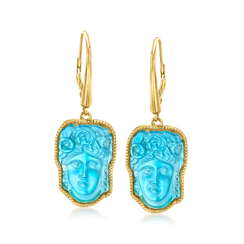 Gold leverback drop earrings with blue glass cameo face in ornate frame