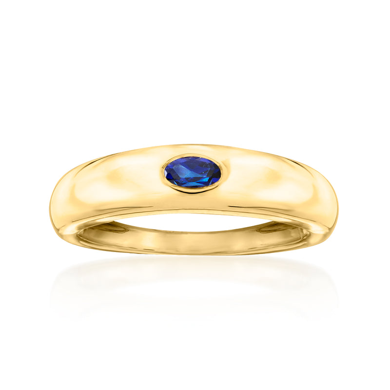 Oval sapphire ring in 18kt gold over sterling, with blue center stone on polished band