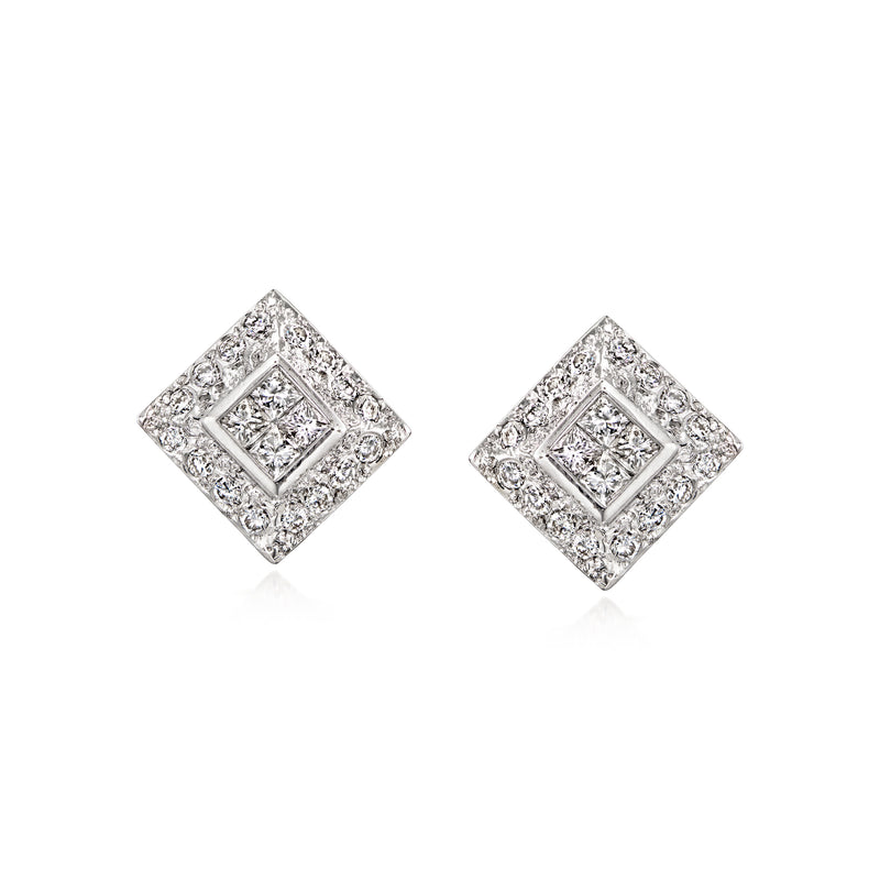Square diamond cluster stud earrings, 14kt white gold, geometric halo