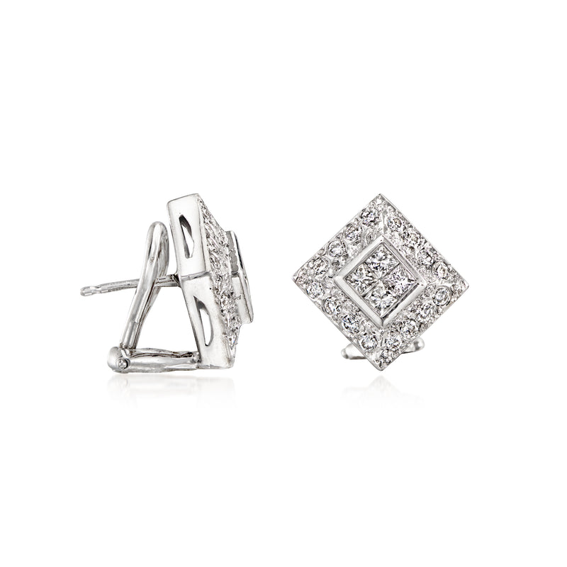 Square diamond cluster stud earrings, 14kt white gold, side view with post