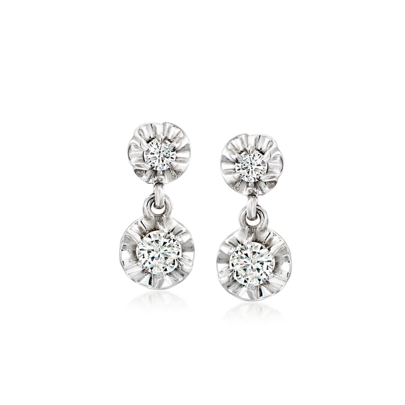 Vintage 14k white gold diamond drop earrings with two dangling round halo clusters