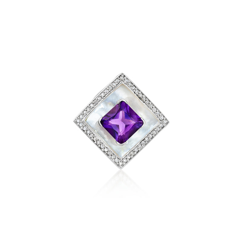 Square diamond halo pendant with purple amethyst center in white gold