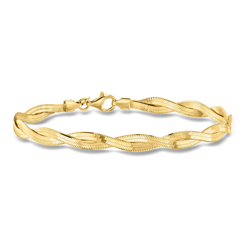 Gold over sterling twisted herringbone bracelet with lobster clasp and slim link chain