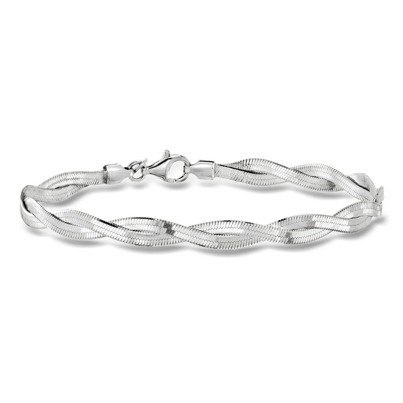 Sterling silver twisted herringbone bracelet with lobster clasp and adjustable links