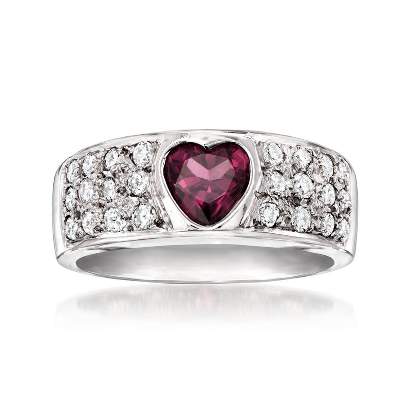 Vintage heart ring in 14kt white gold with rhodolite garnet center and diamond pave