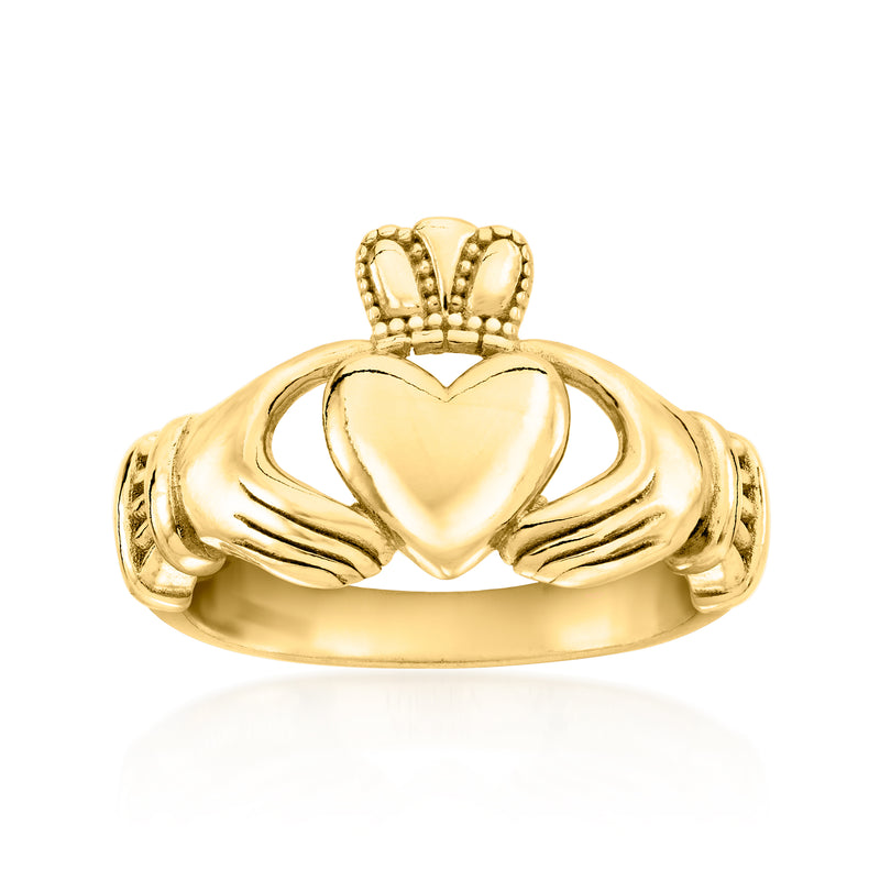 Gold over sterling Claddagh ring with heart centerpiece, crown top, and open hands