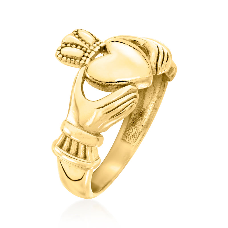 Gold over sterling Claddagh ring side view with heart center and clasped hands detail