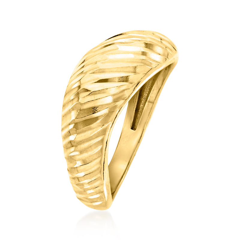 Gold-tone sculptural ring with diamond-cut ridged surface, side view