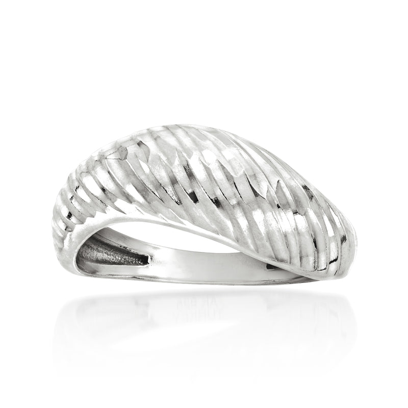 Sterling silver diamond-cut sculptural ring with ridged, curved top