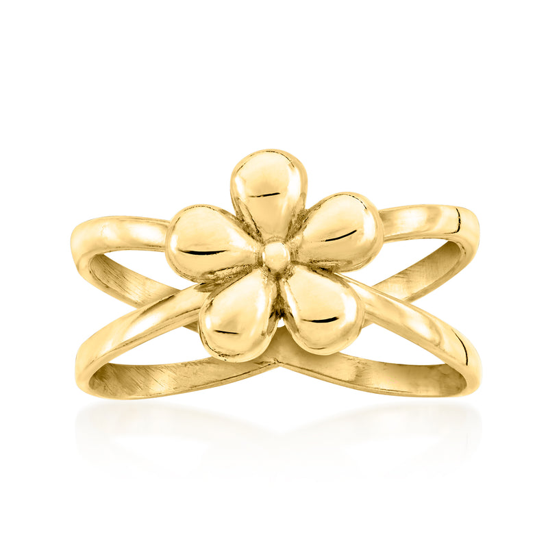Gold over sterling crisscross flower ring, four-petal center, polished shine