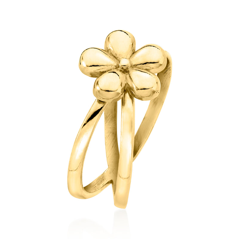 Gold over sterling flower ring with twisted crisscross bands and four-petal top