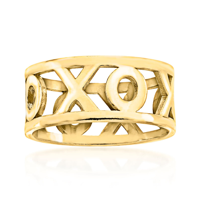 Gold XO ring with openwork X and O cutouts on wide band