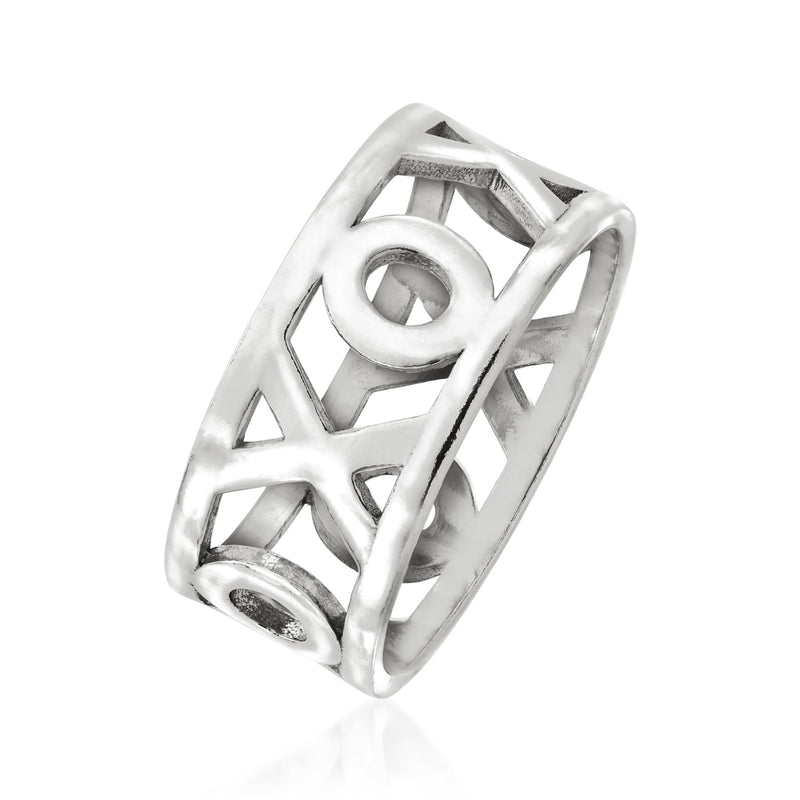 Sterling silver XO band ring angled view, open lattice with X and O cutouts