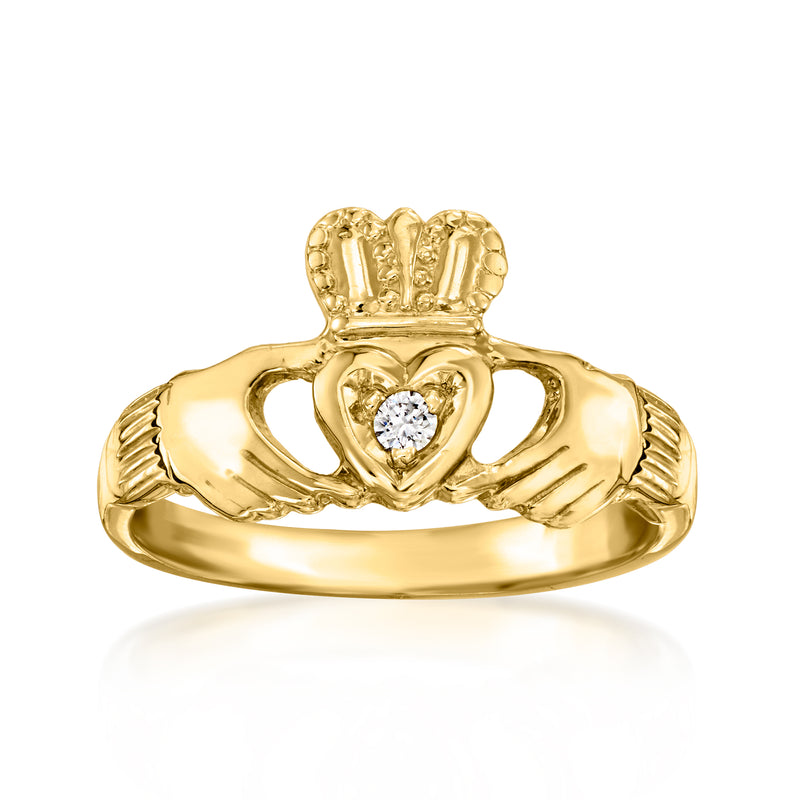 Vintage 14kt yellow gold Claddagh ring with heart diamond centerpiece and crown