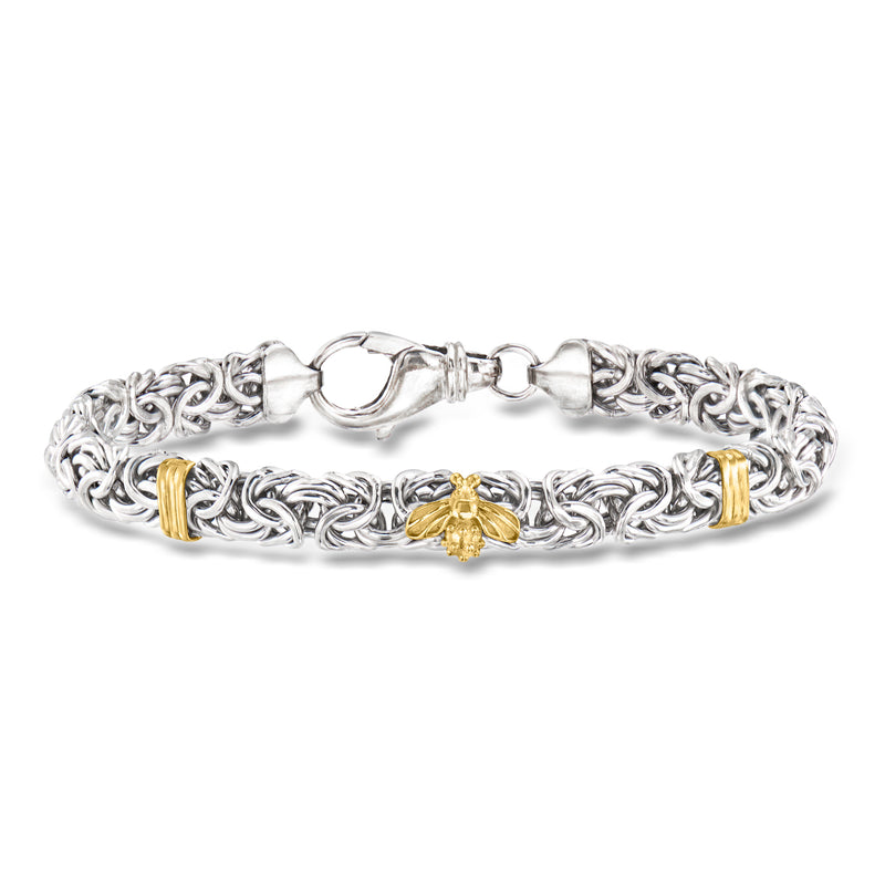 Sterling silver Byzantine bracelet with gold bee station and clasp links
