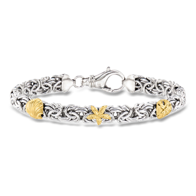 Sterling silver Byzantine bracelet with 18kt gold sea life charms and clasp