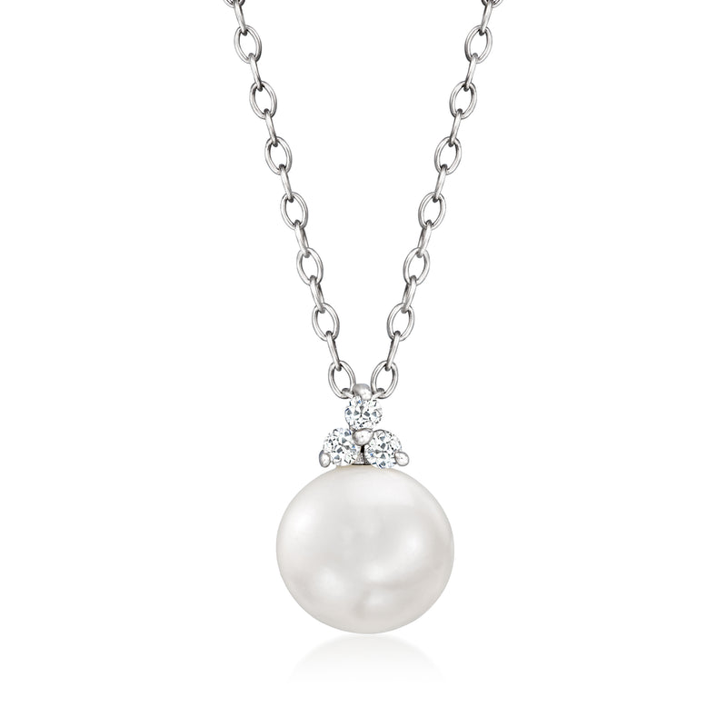 Sterling silver pearl pendant necklace with round white cultured pearl and diamond cluster cap