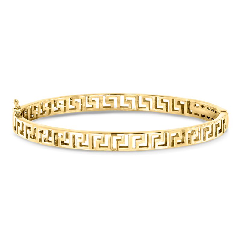 Gold-tone sterling bangle with Greek key pattern band and hinge clasp