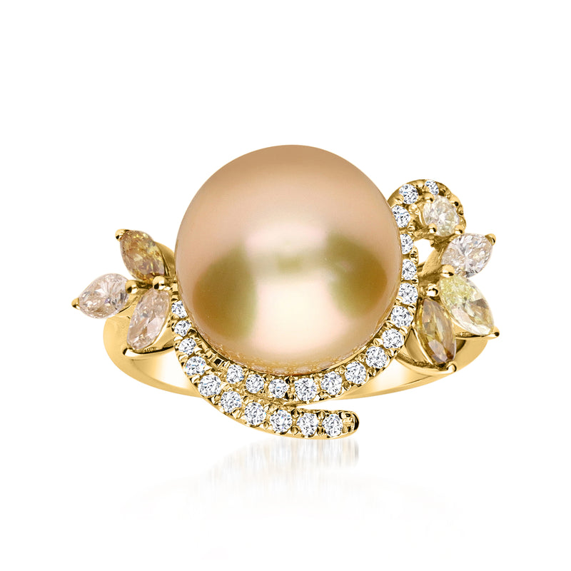 18kt yellow gold ring with large golden cultured pearl and diamond halo, marquise accents
