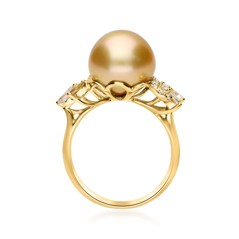 18kt yellow gold ring with golden cultured pearl, artful bridge setting, diamond accents