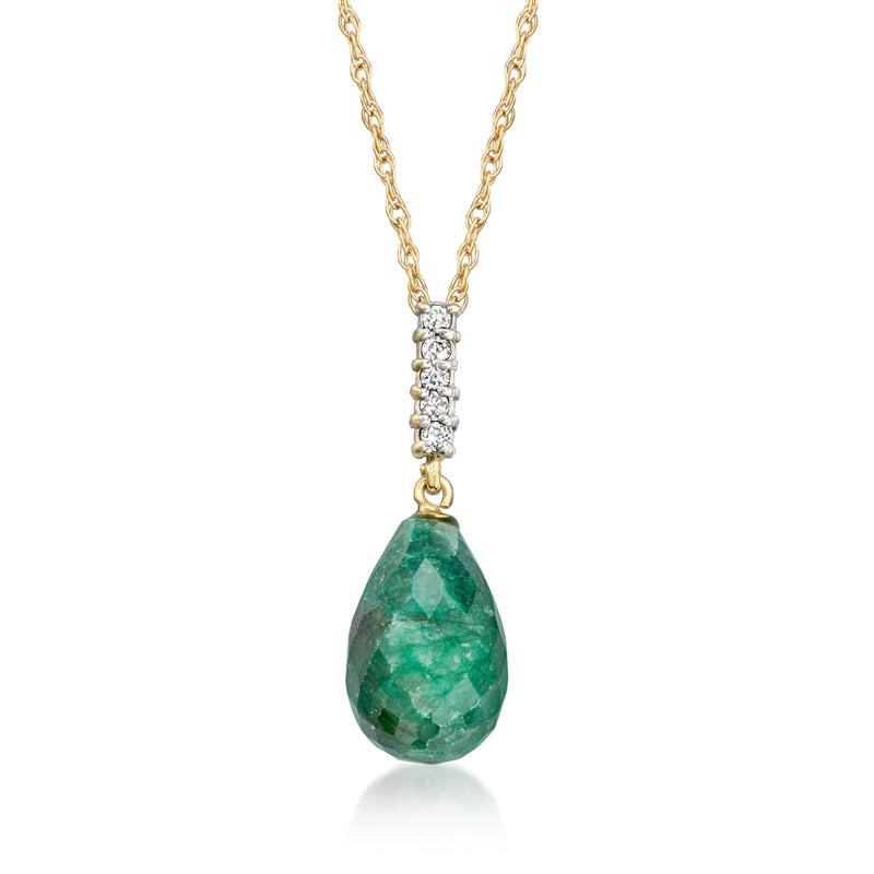 14kt yellow gold emerald pendant necklace with diamond accents and teardrop stone